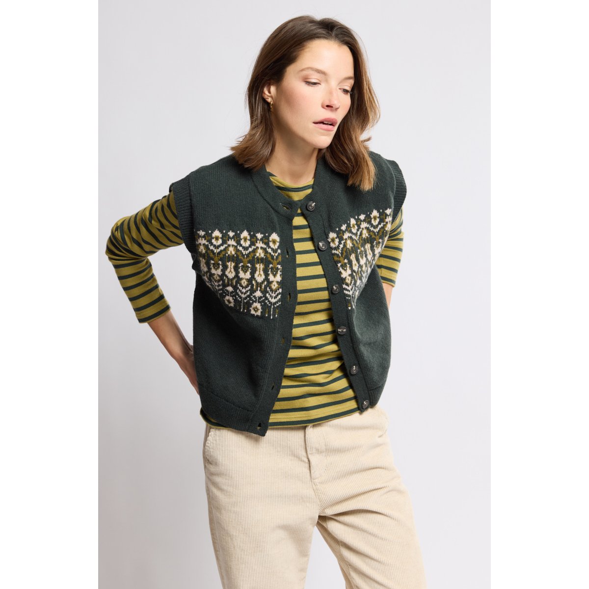 Cardigan sans manche - laine jacquard fleurs otranto, ARMOR-LUX