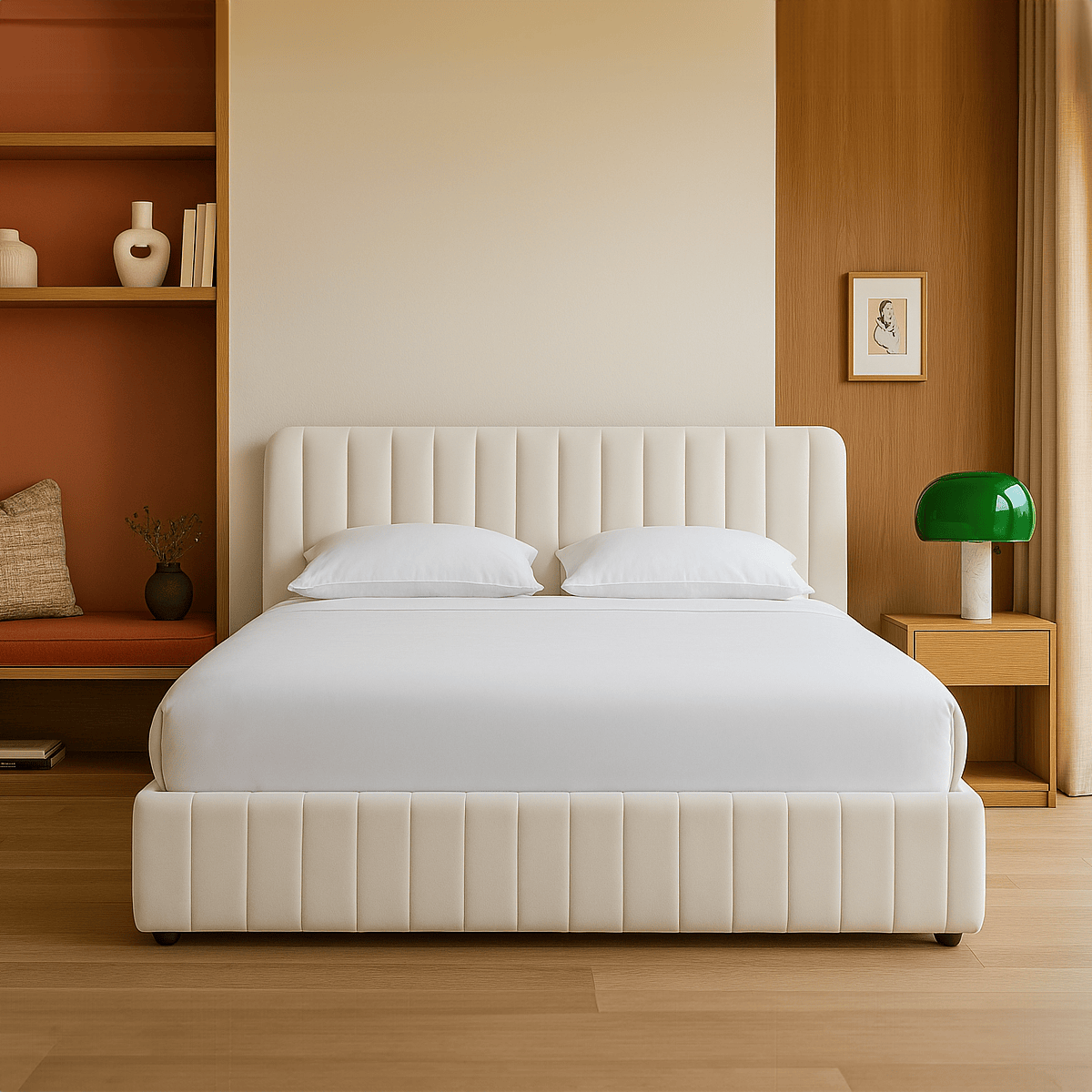 Lit coffre avec tête de lit en velours - AVA beige, HOMIFAB
