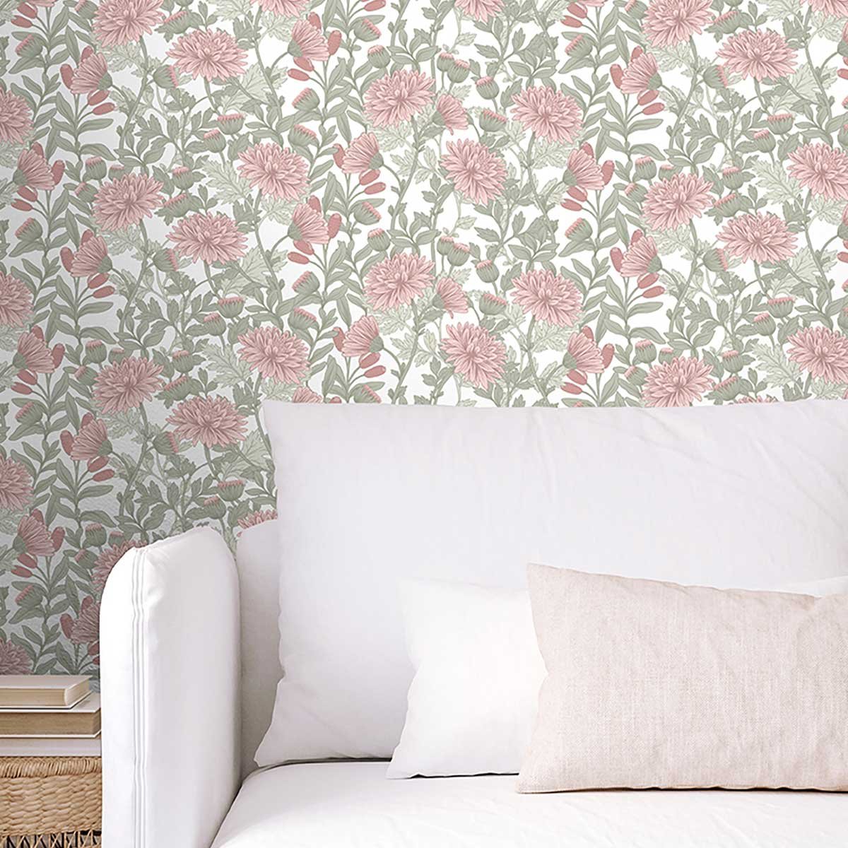 Papier peint chrysanthèmes rose poudré rose, HEXOA