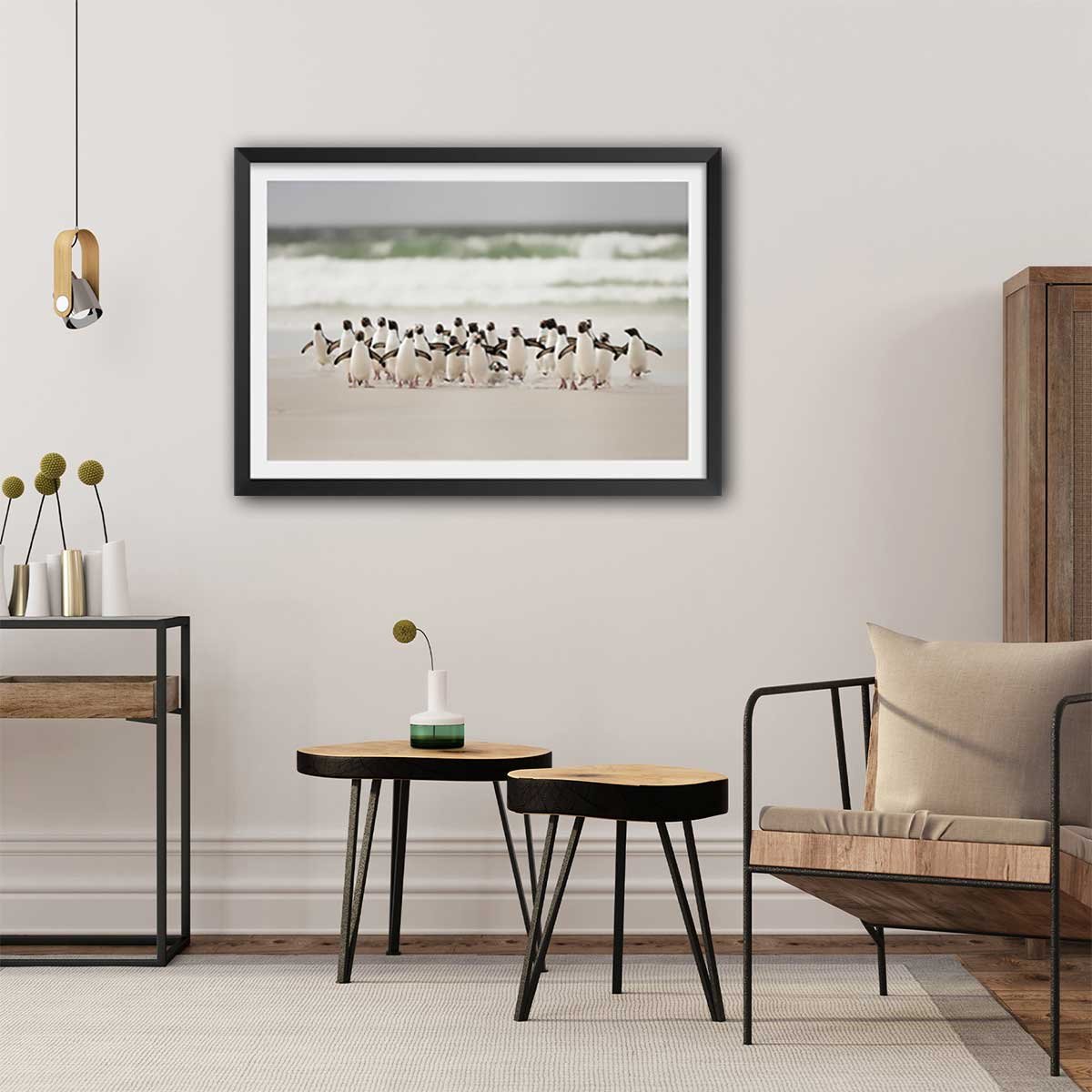 Affiche animaux pingouins affiche + cadre en bois - noir, HEXOA