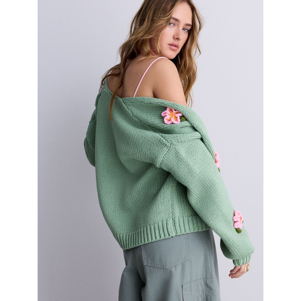 Cardigan en maille épaisse de coton mélangé fleurs roses 3d vert menthe, NEXT