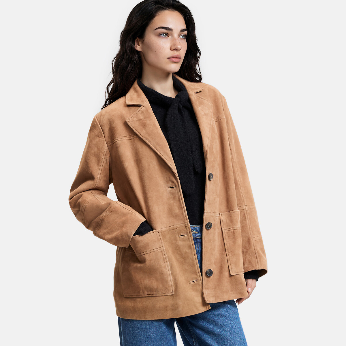 Veste droite col tailleur en cuir de chèvre marron camel, LA REDOUTE COLLECTIONS