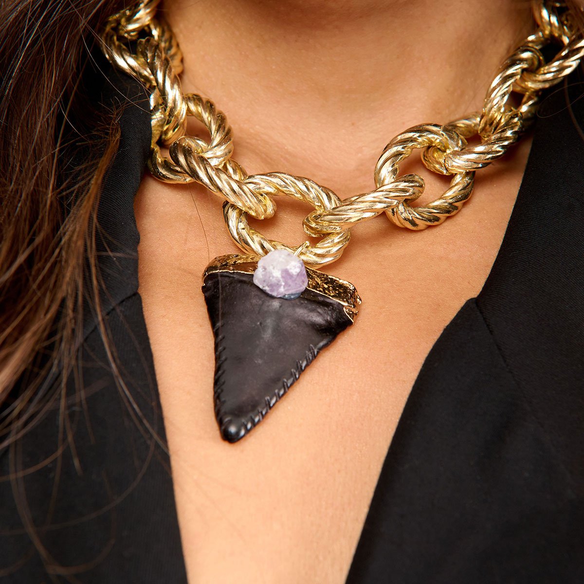 Collier chaîne grosse maille jaseron et pendentif pierre ASHBY noir, HIPANEMA