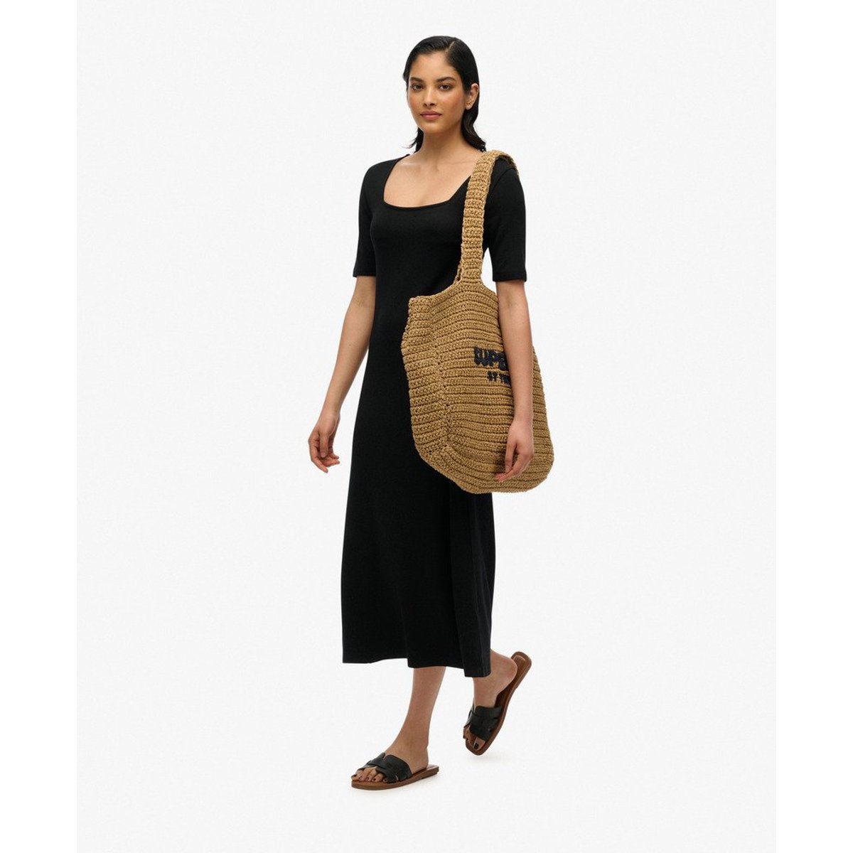 Robe mi-longue en jersey à manches courtes et encolure carrée noir, SUPERDRY