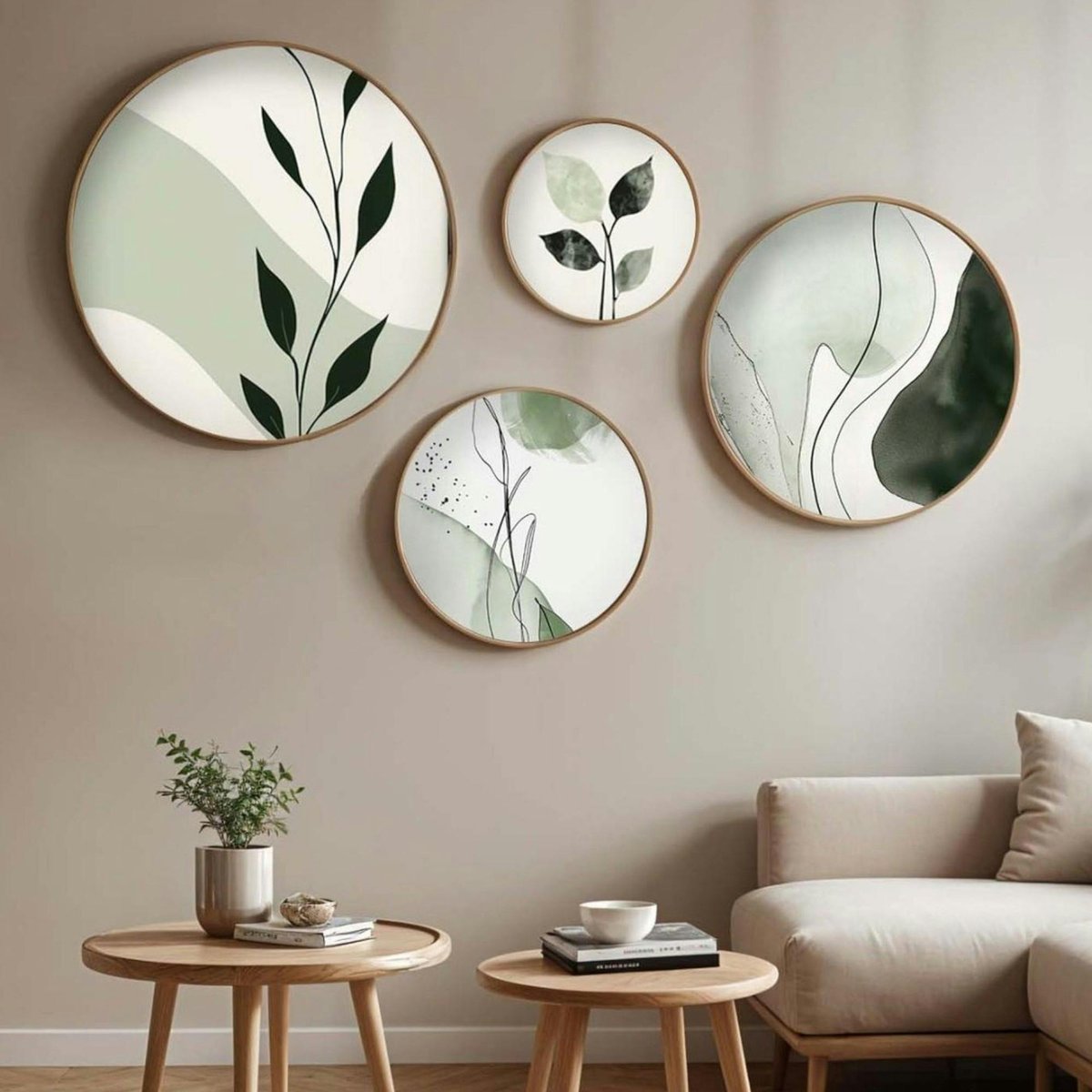 Tableau rond nature vert et blanc – cadre bois (set de 4) vert, PIER IMPORT