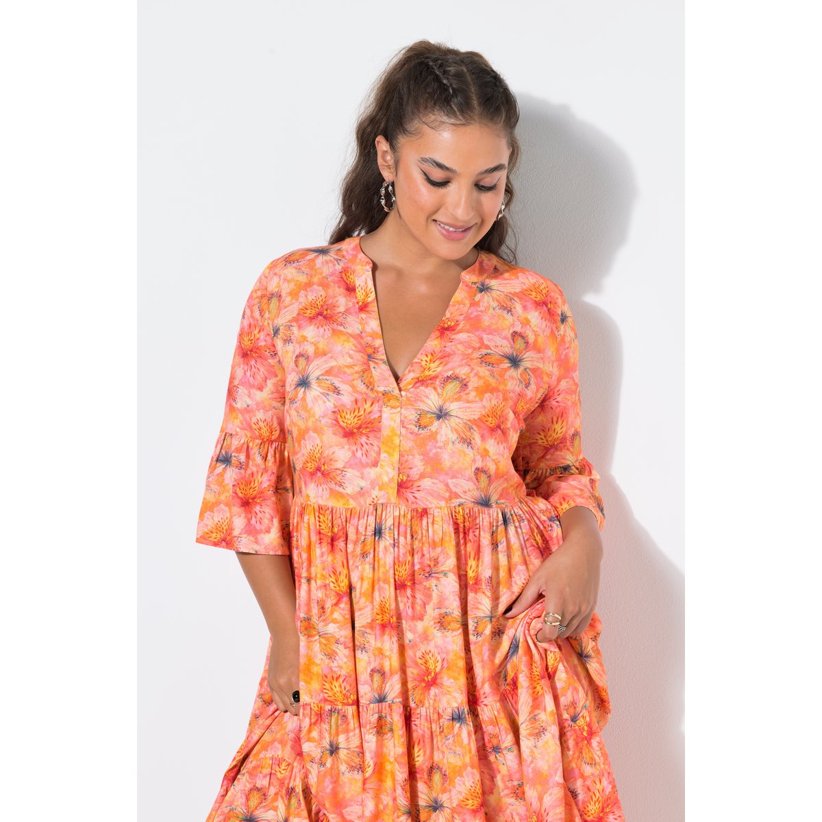 Robe midi, imprimé orchidée orange, STUDIO UNTOLD