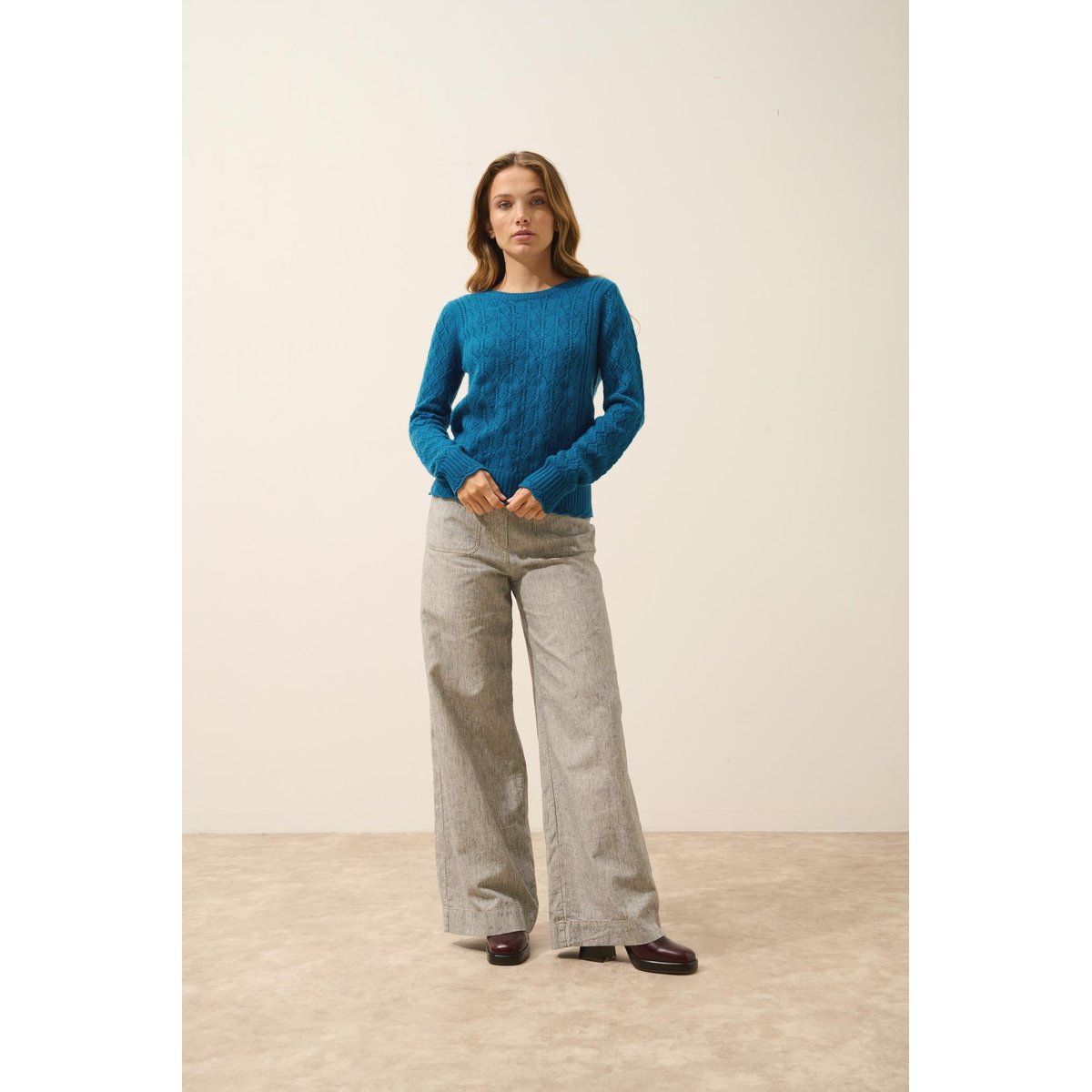 Pull Col Rond 8 Fils Paon Nadia bleu vert, JUST CASHMERE