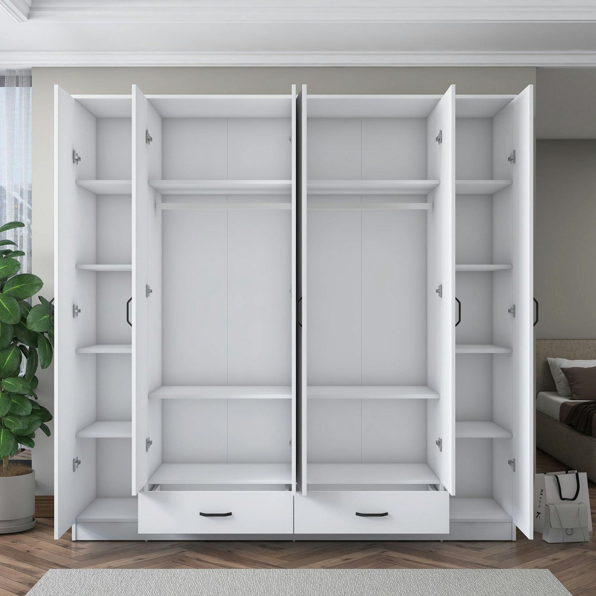 Armoire penderie blanche 6 portes 2 tiroirs BYRON blanc, PIER IMPORT