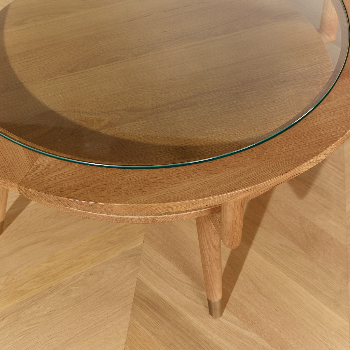 Table basse ronde style contemporain en chêne et verre trempé MANHATTAN beige, ROBIN DES BOIS