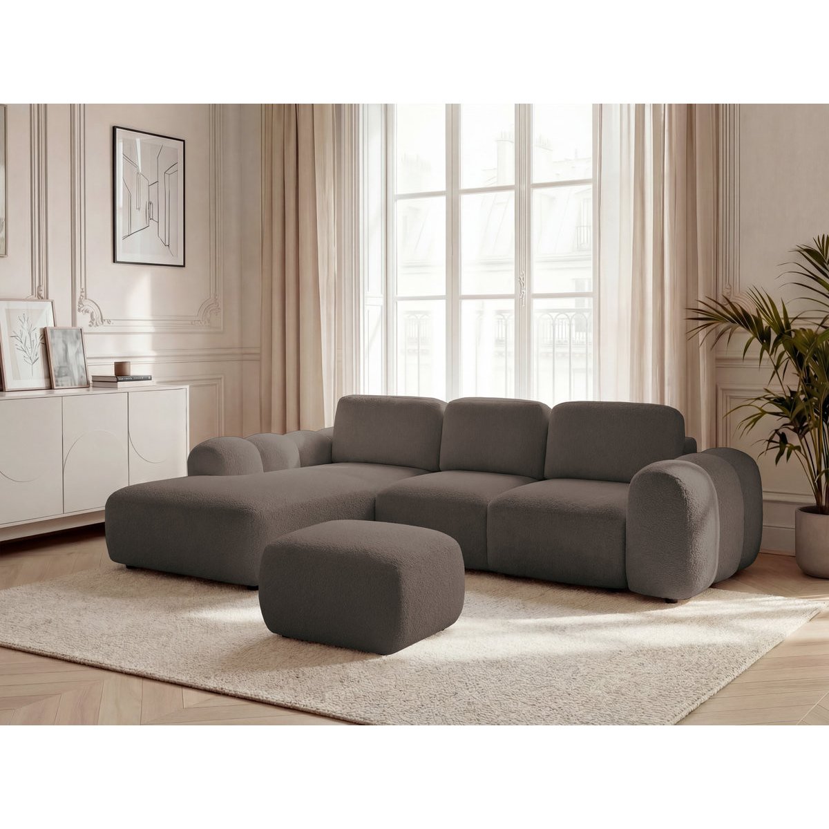 Canapé d'angle convertible 3 places en tissu bouclette avec pouf, MONTAIGNE marron, BOBOCHIC