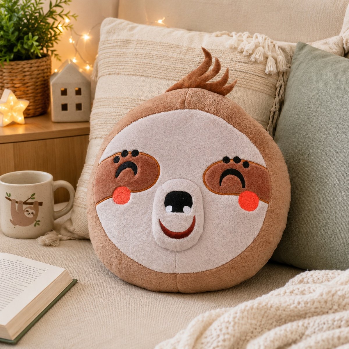 Coussin rond Peluche Paresseux 25 cm orange, EDEN