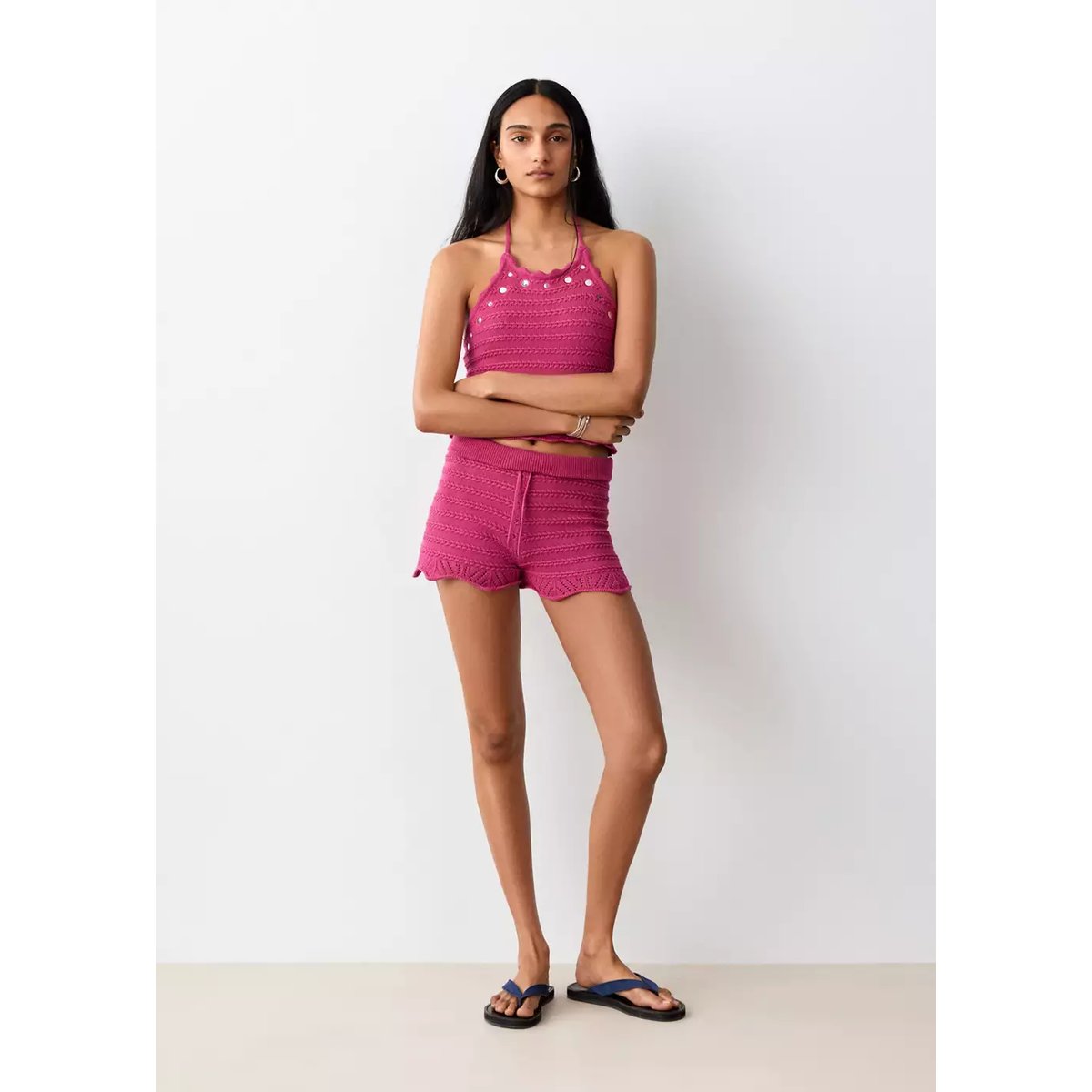 Short en maille à volants rose, MANGO TEEN