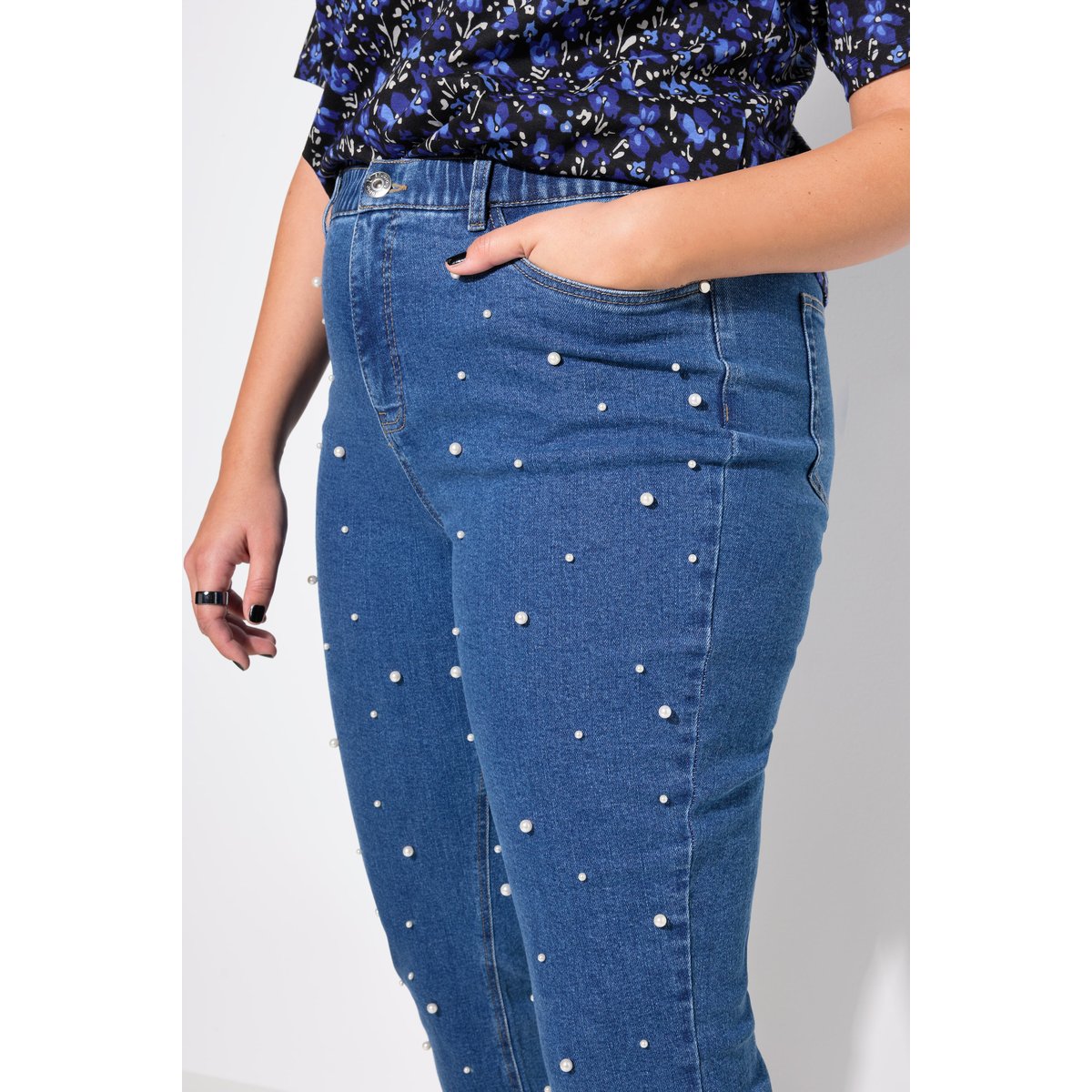 Jean mom 5 poches à perles fantaisie classique denim bleu, STUDIO UNTOLD