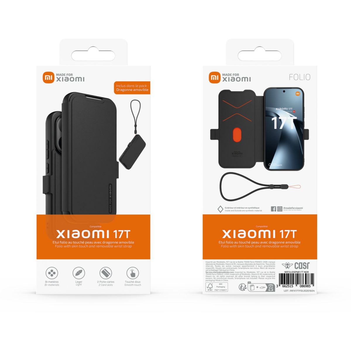 Etui avec cordon Xiaomi 17T Folio premium Noir couleur unique, MADE FOR XIAOMI
