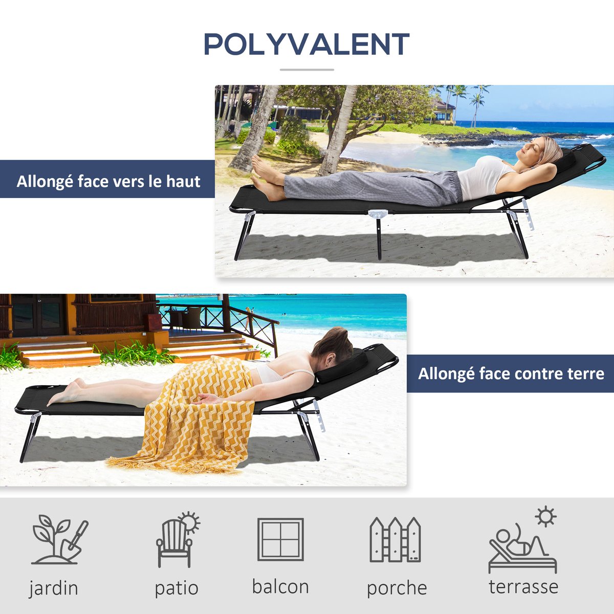 Chaise longue Bois Noir noir, OUTSUNNY