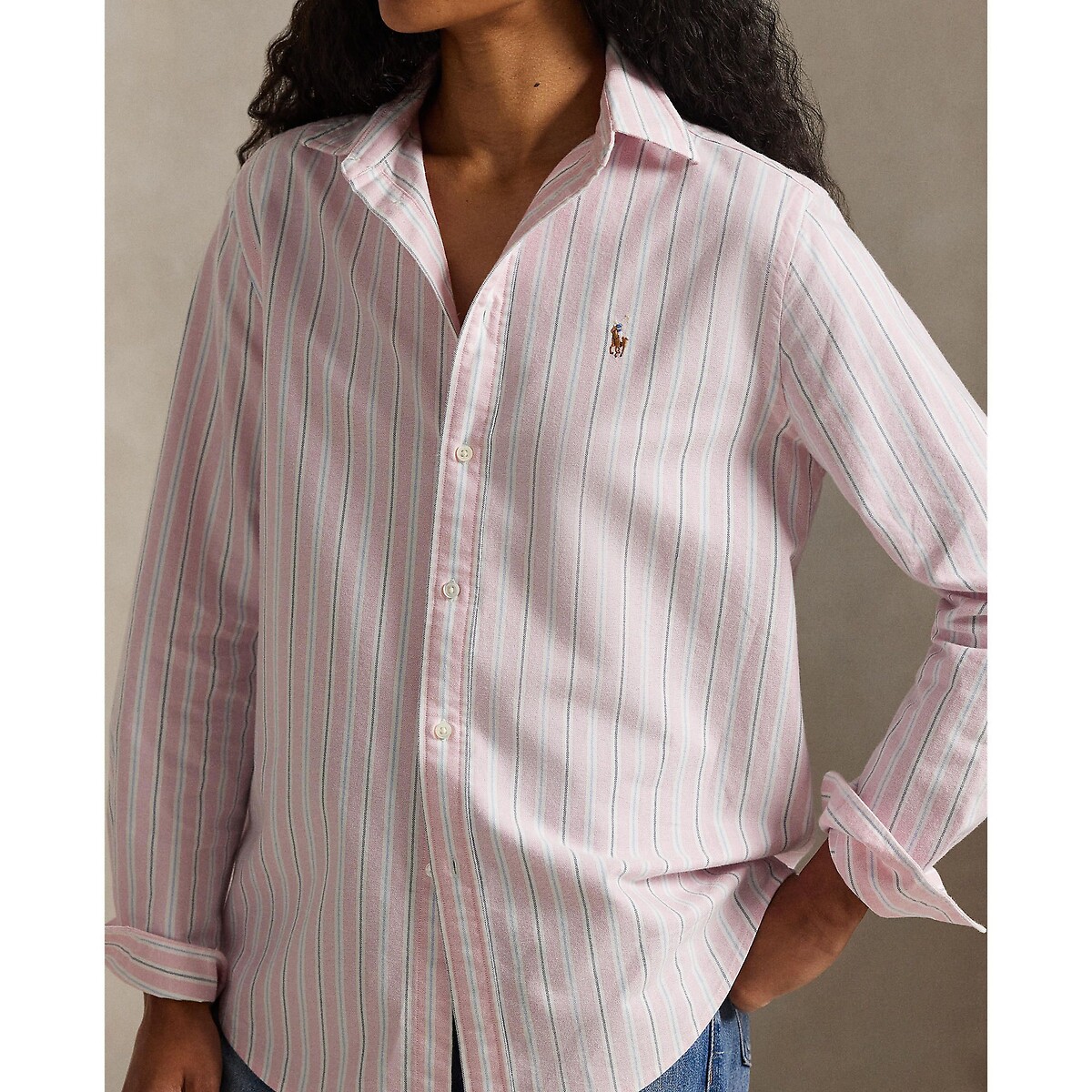Striped Oxford Cotton Shirt with Long Sleeves pink striped, POLO RALPH LAUREN