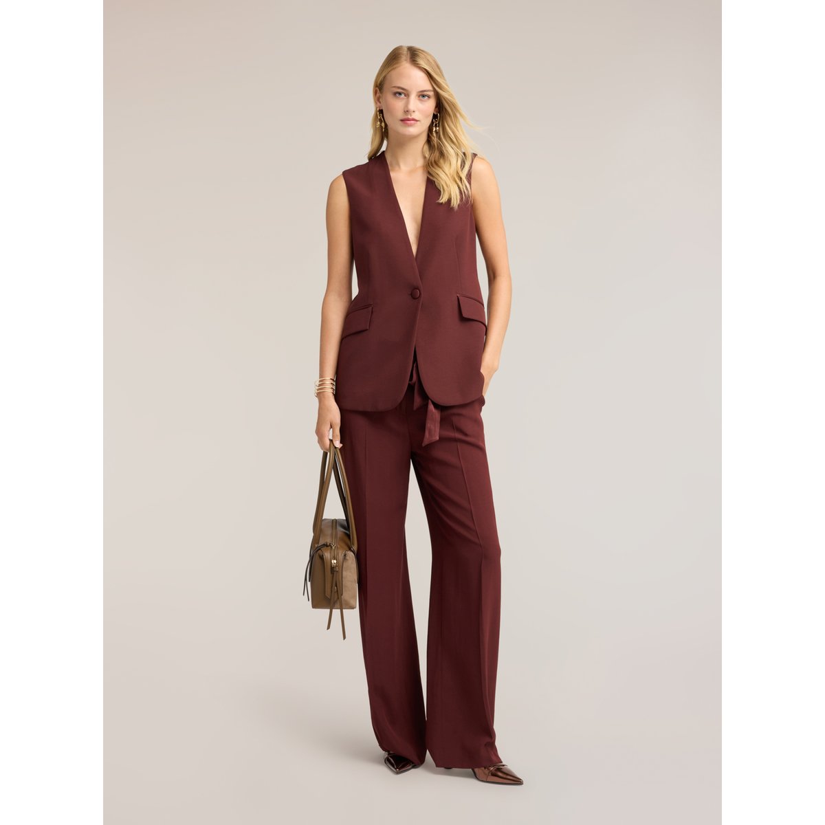 Pantalon palazzo avec ceinture marron, MOTIVI