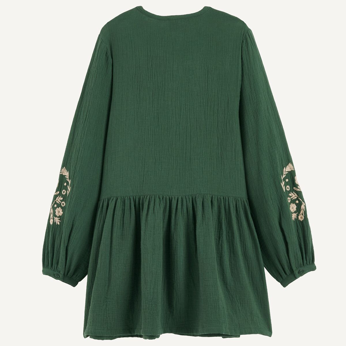 Robe à manches longues, avec broderies folk, en gaze de coton vert, LA REDOUTE COLLECTIONS