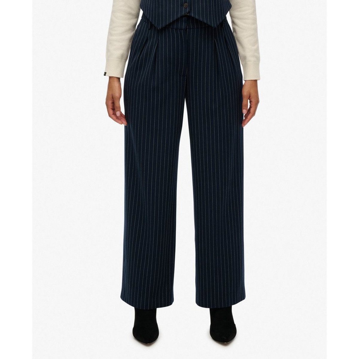 Pantalon Pinstripe Taille Haute Coupe Classique rayures tennis bleu marine, SUPERDRY