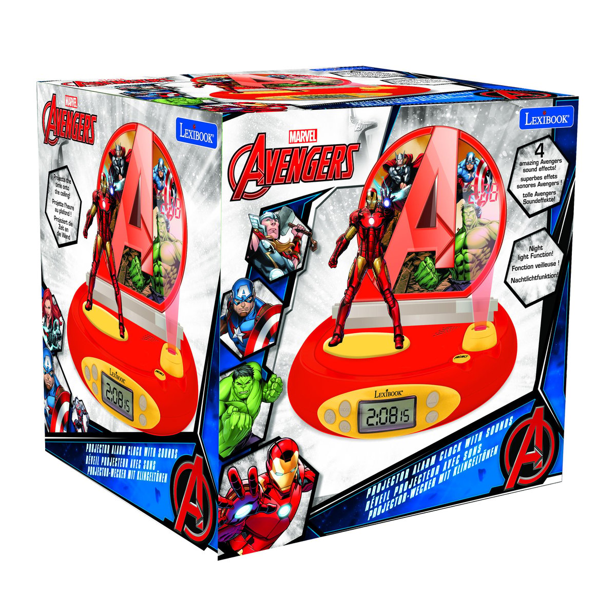 Réveil Projecteur Avengers avec Iron Man en 3D rouge, LEXIBOOK