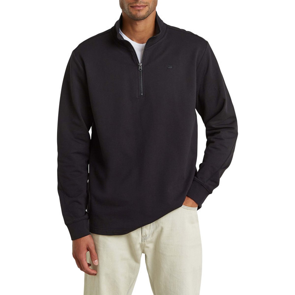 Pull en coton biologique noir uni avec une coupe droite et un col montant noir, G-Star RAW