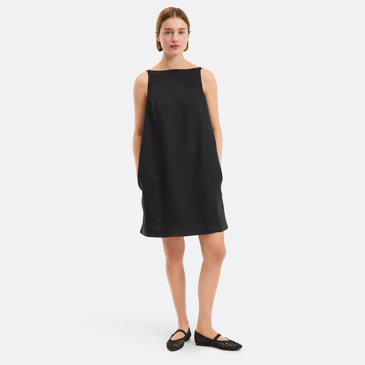 Robe droite en lin, courte, sans manches noir, LA REDOUTE COLLECTIONS