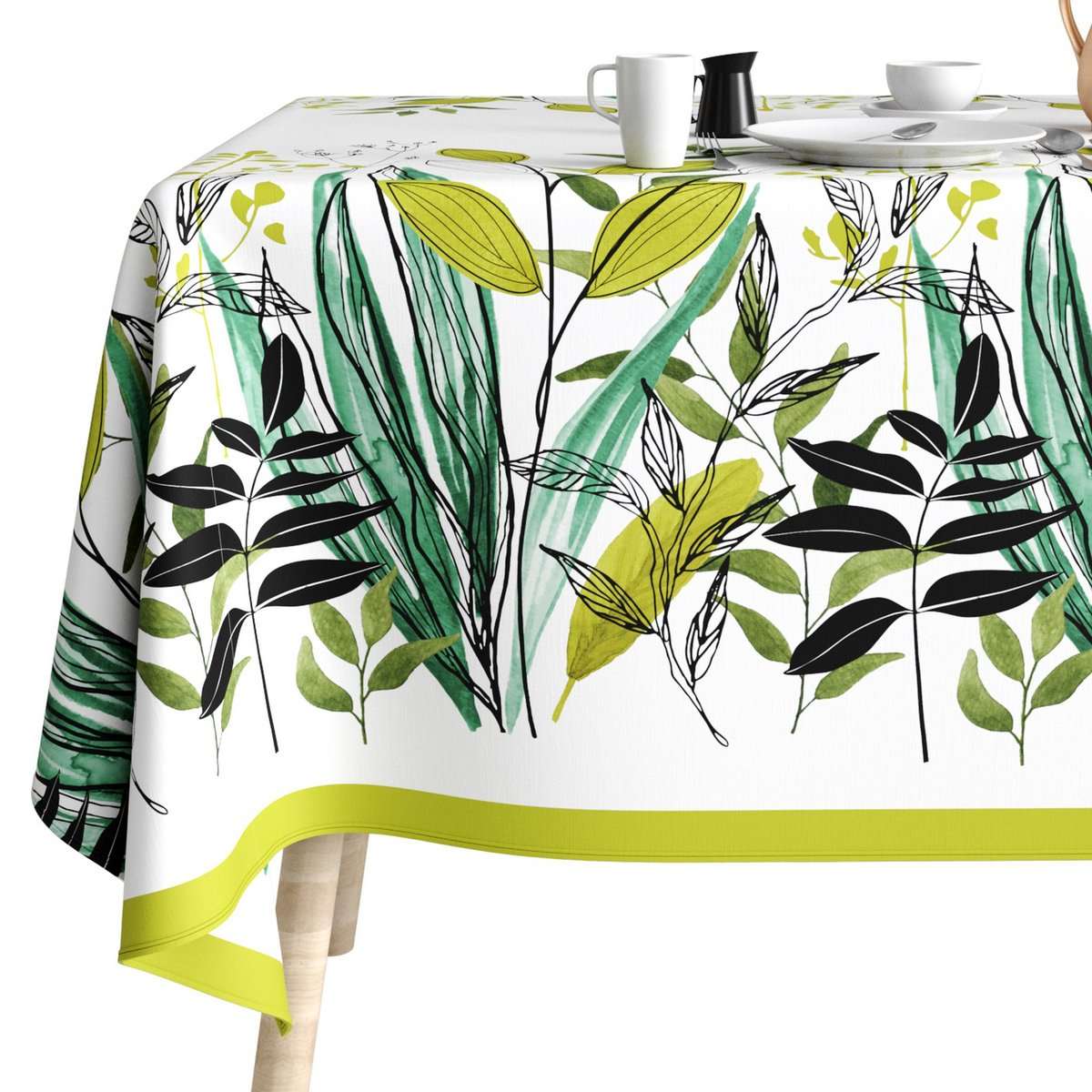 Nappe rectangulaire anti tache Coton Herbier vert, EDEN