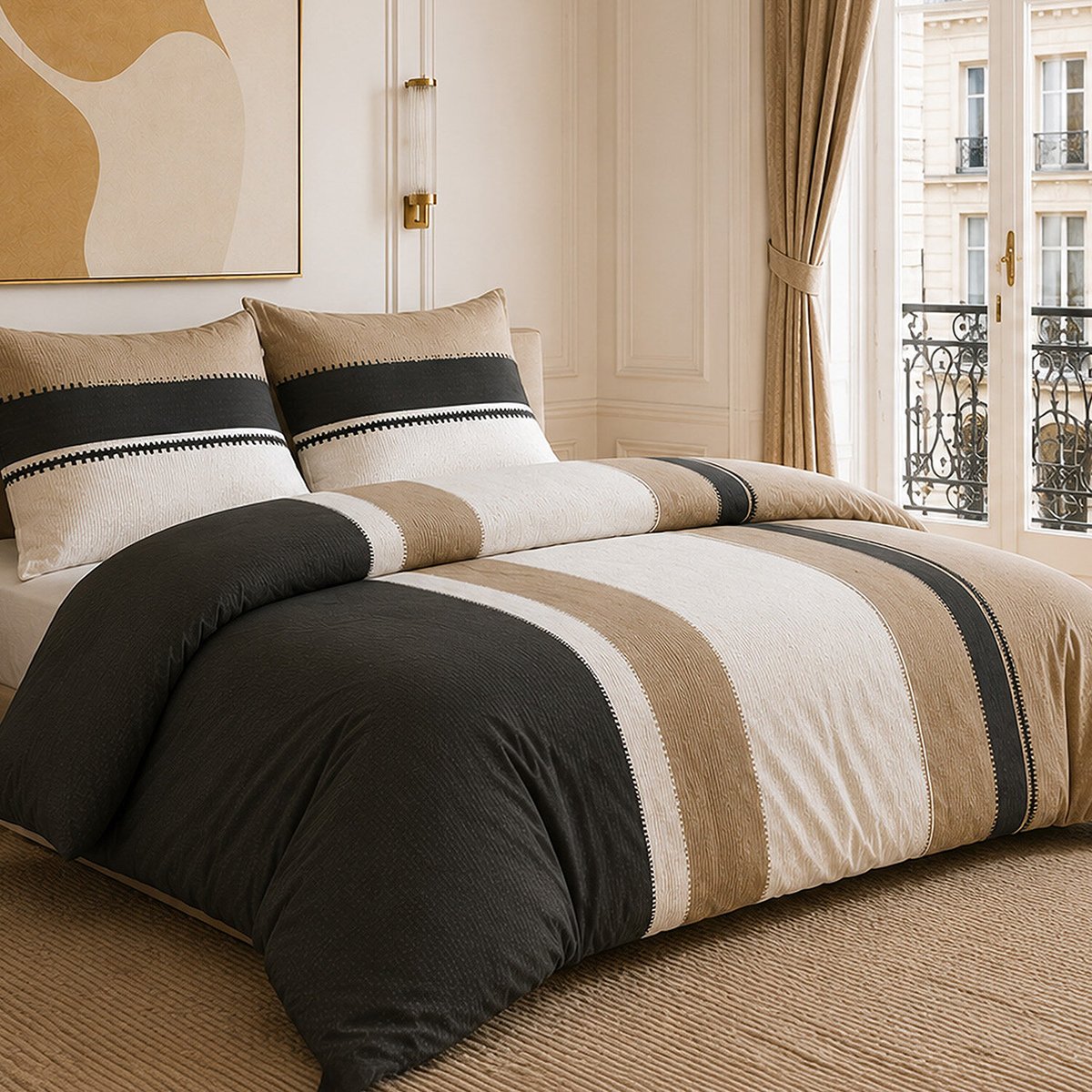 Parure de lit en percale de coton rayures verticales, SAHEL multicolore, ATELIER DU COTON