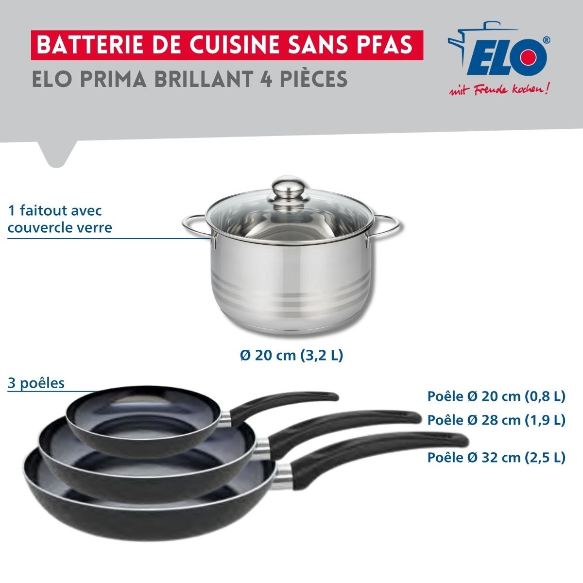Batterie 3 poêles 20/28/32cm + 1 faitout 20cm PRIMA BRILLANT noir, ELO
