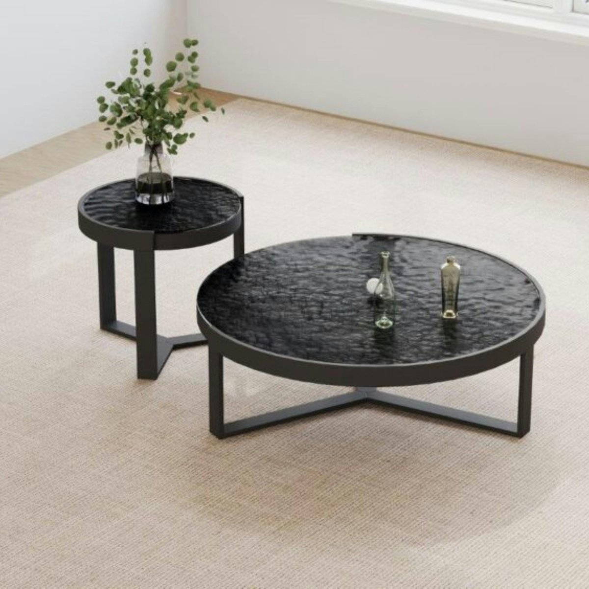 Table basse ronde en verre noir ondulé (lot de 2) LIGURIE noir, PIER IMPORT