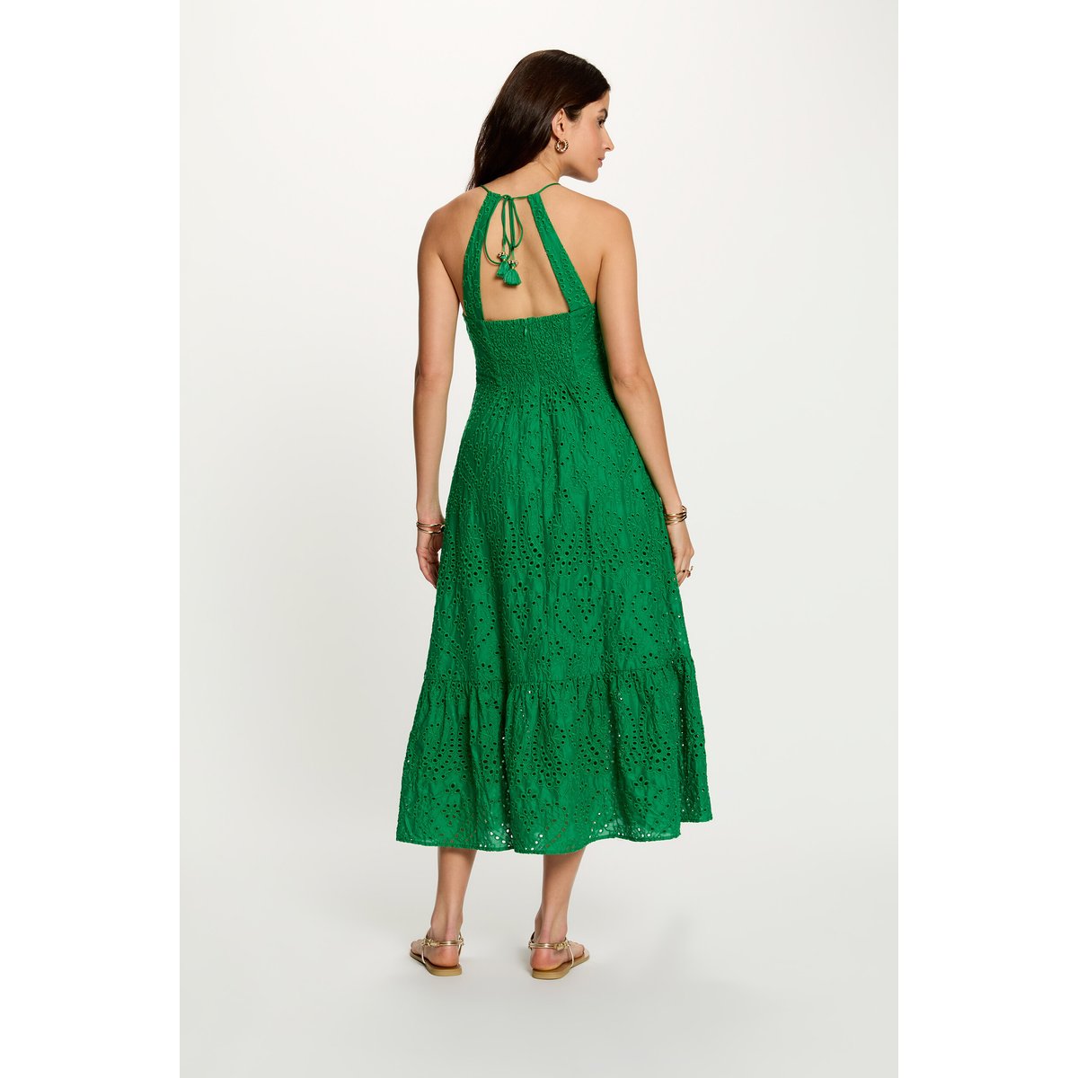 Robe longue broderie anglaise vert prairie, MORGAN