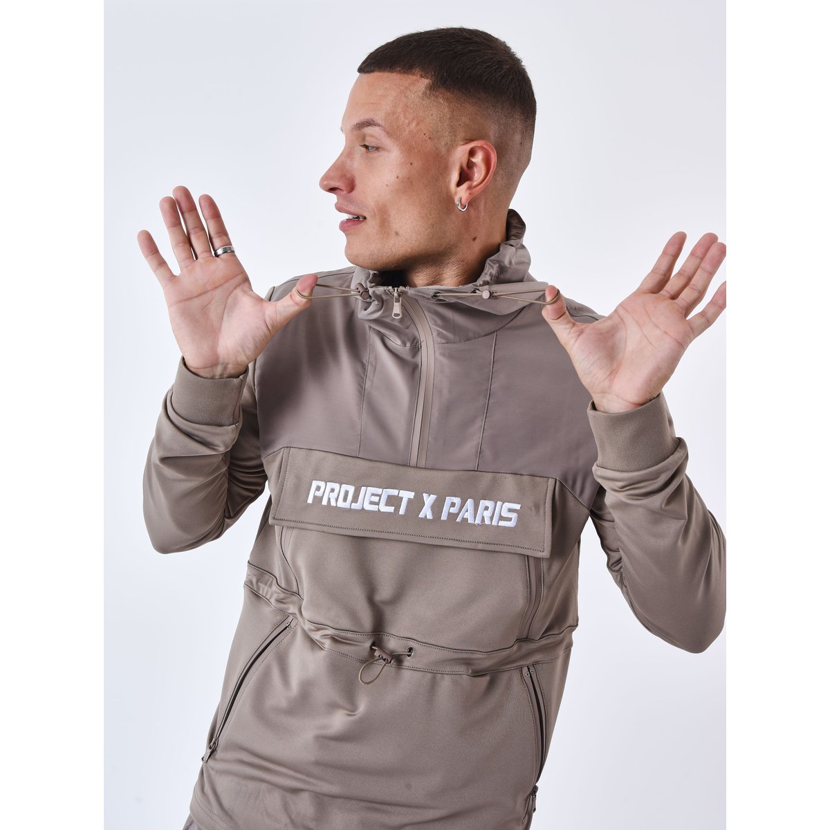 Sweat à Capuche style coupe vent taupe, PROJECT X
