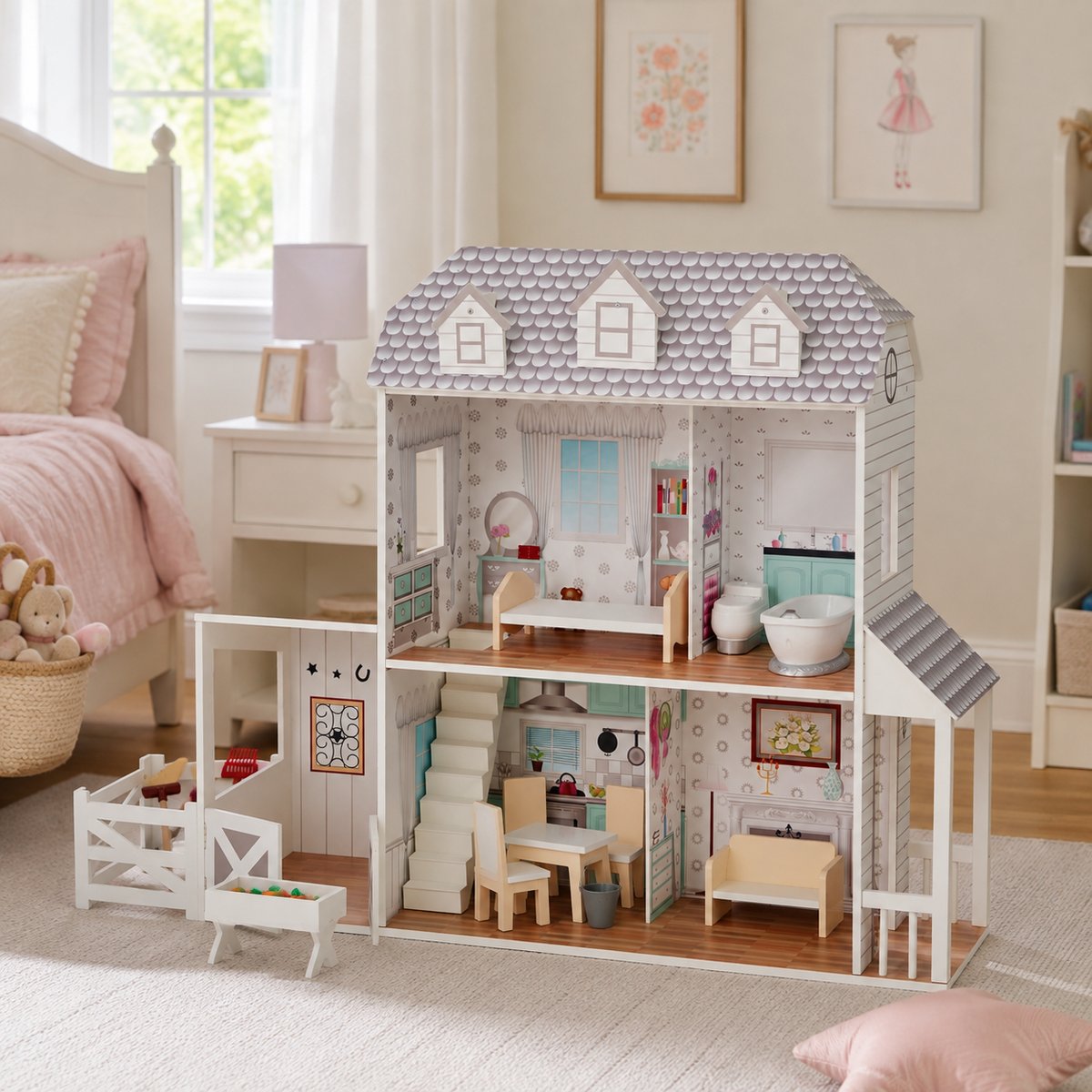 Maison Poupée Ferme 2 étages avec écurie et accessoires, DREAMLAND gris, TEAMSON KIDS