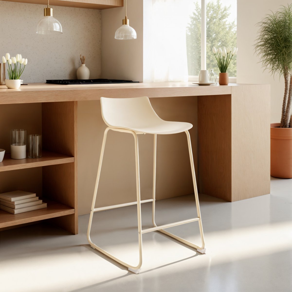 Lot de 4 chaises de bar en plastique et métal H66cm- LAMER beige, DRAWER