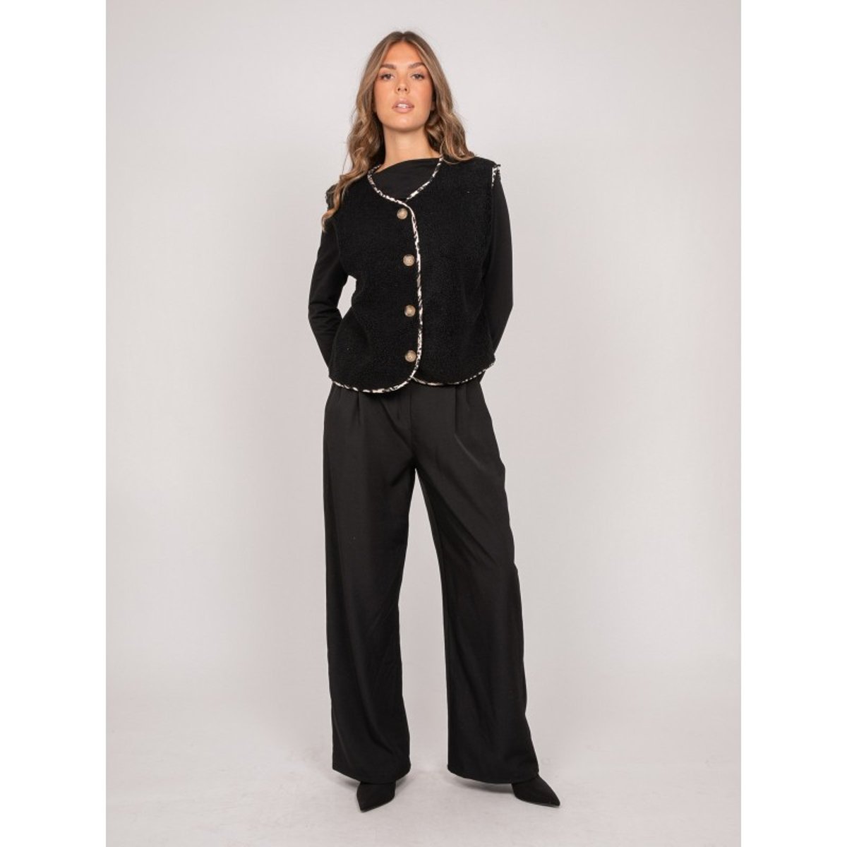 Gilet Sans Manches Sherpa Finitions Léopard Umalia noir, DONA LISA
