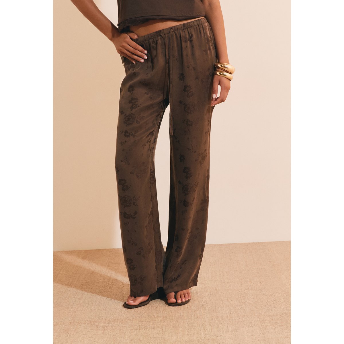 Pantalon fluide à motifs avec taille élastiquée HINI chocolat, ETAM