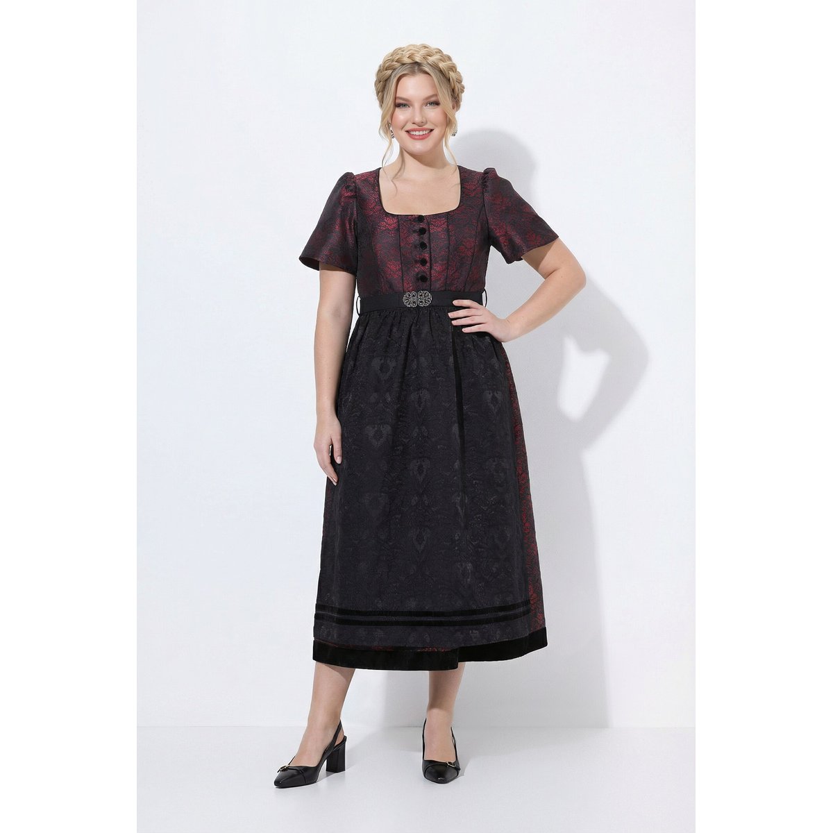 Dirndl, jacquard, col carré rouge vin foncé, ULLA POPKEN