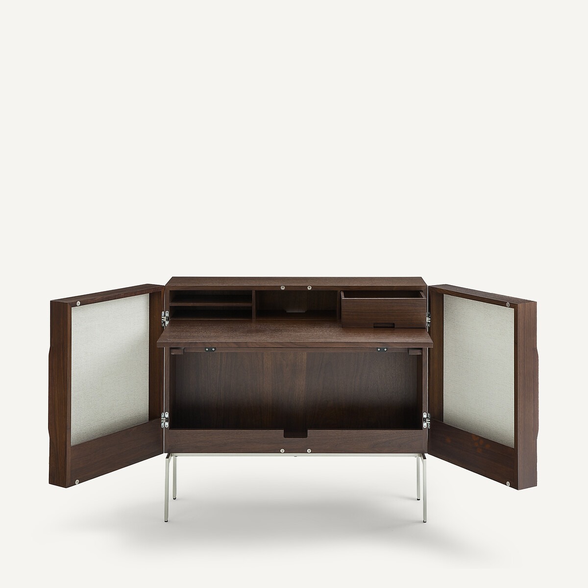 Bureau armoire bas en plaqué noyer et tissu texturé, OMID beige ficelle/noyer, AM.PM