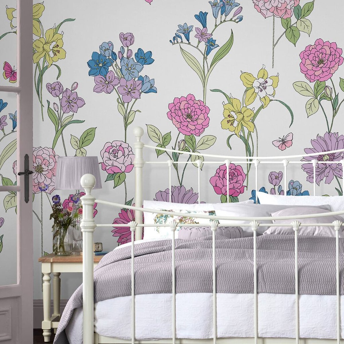 Papier peint panoramique Fleurs Gilly rose, bleu, vert, jaune, LAURA ASHLEY