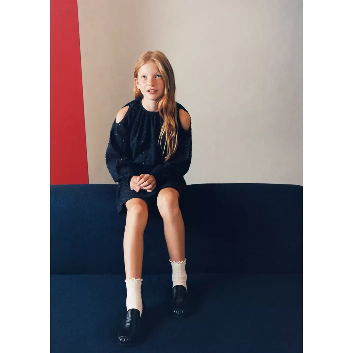 Robe froncée à détails métallisés bleu marine, MANGO KIDS