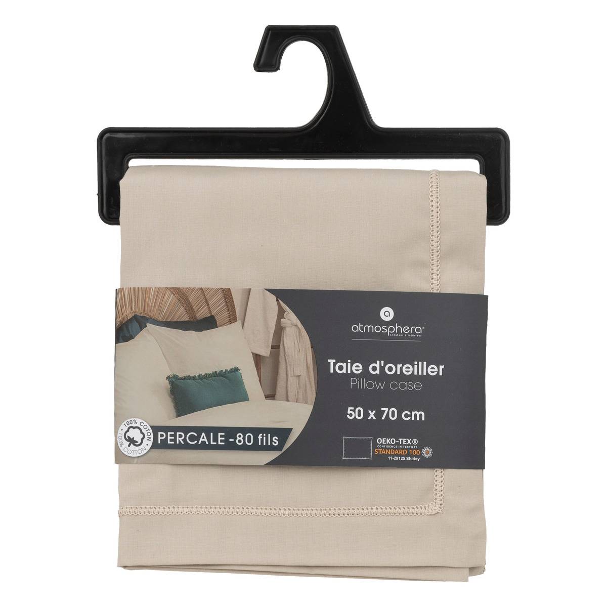 Taie d'oreiller en coton LANDIHA beige lin, ATMOSPHERA