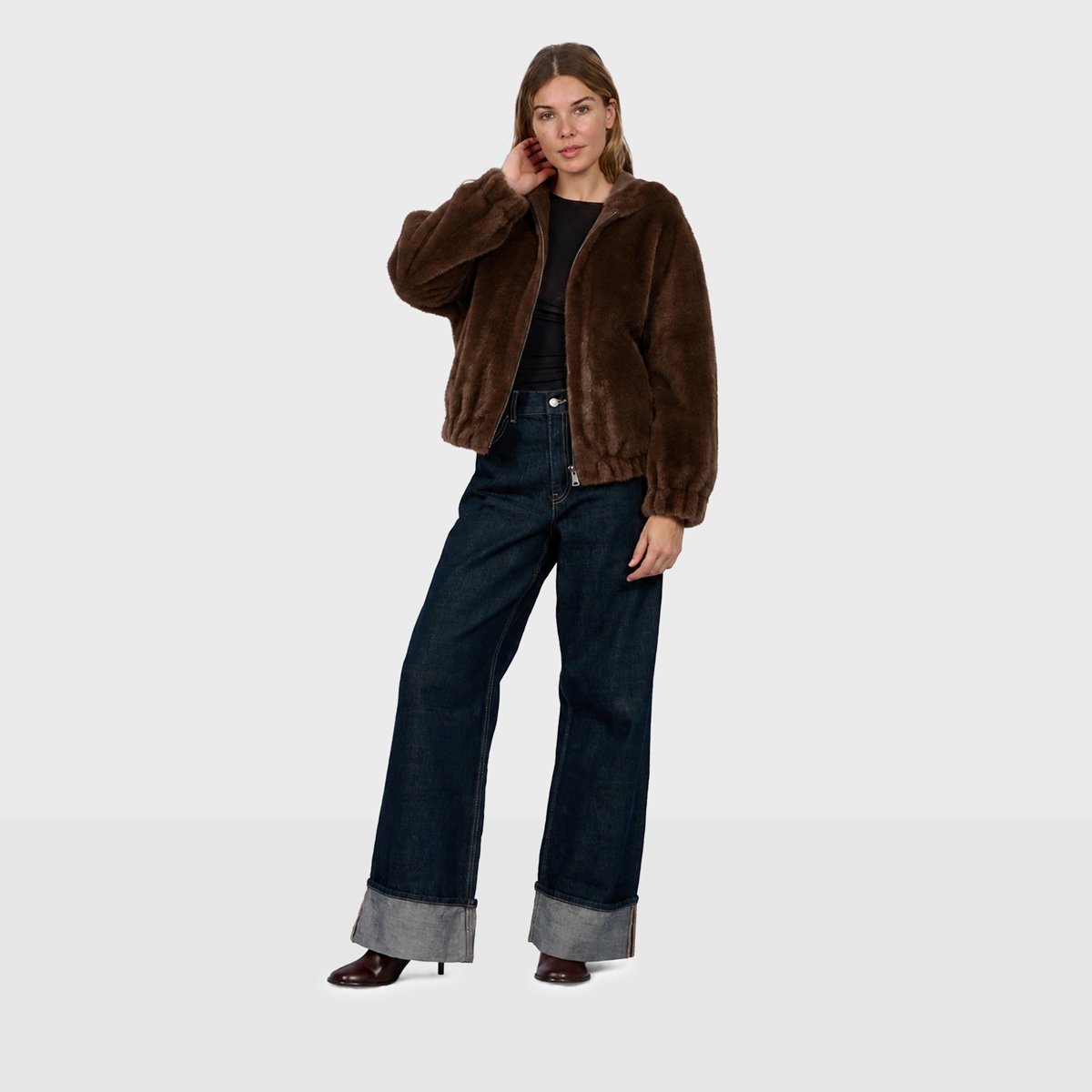 Blouson bomber zippé à capuche LISE chocolat, OAKWOOD