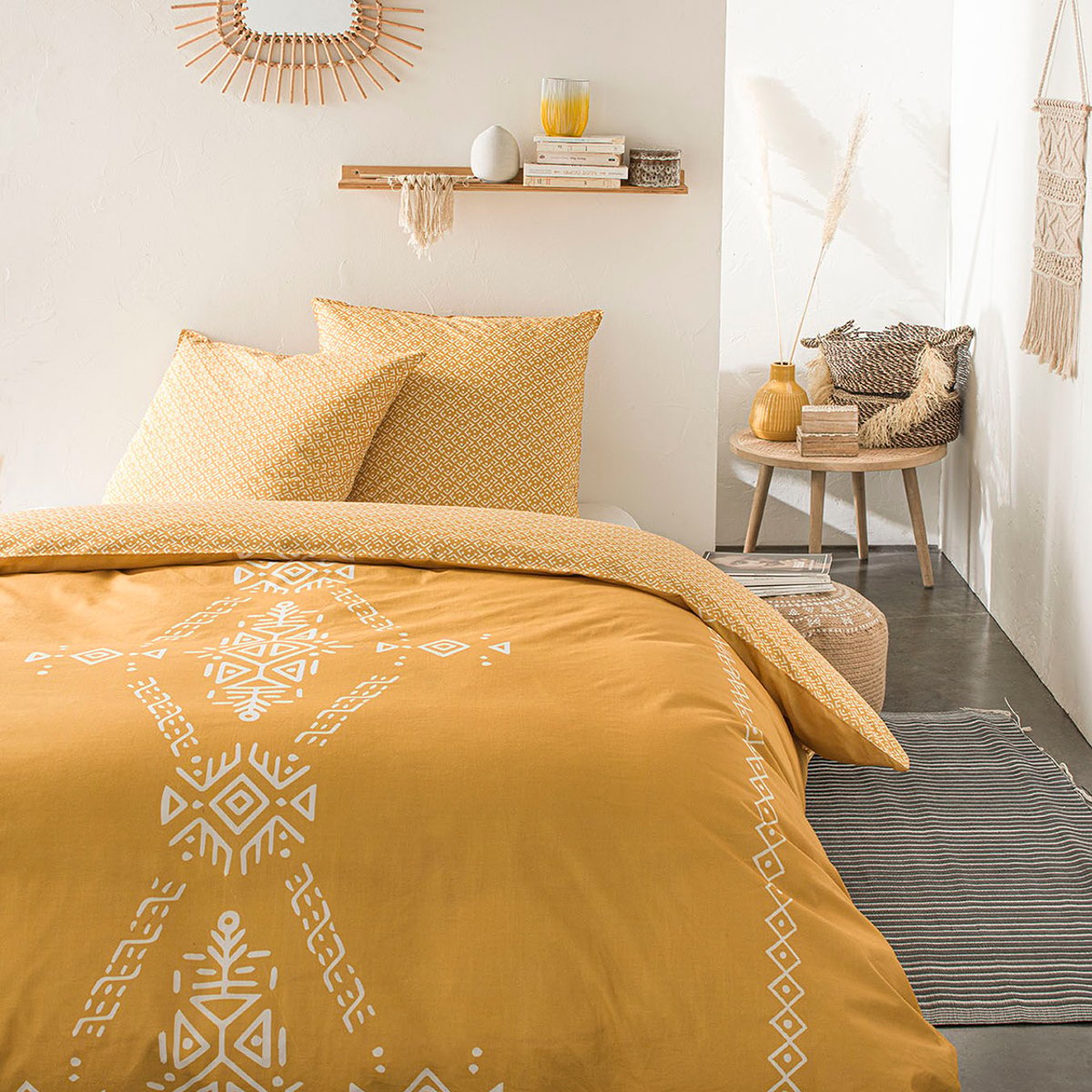Parure de lit coton 2 personnes imprimé ethnique SUNSHINE jaune, TODAY