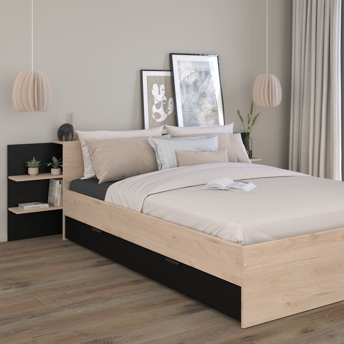 Lit avec tête de lit rangement et tiroir de lit bois naturel, TERRE DE NUIT