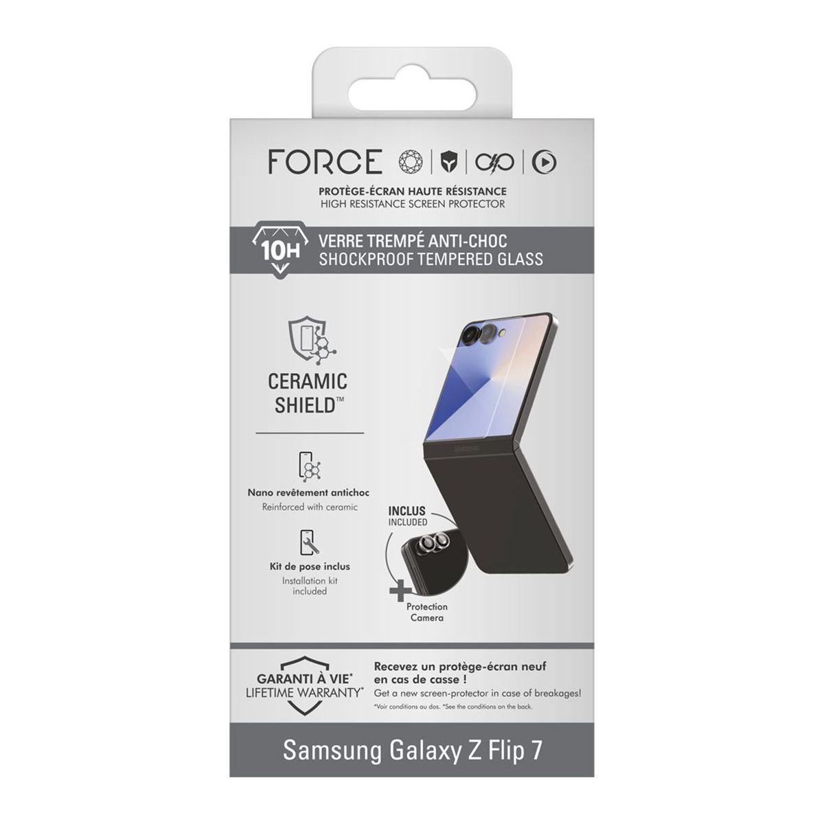 Protège écran Samsung galaxy Z Flip 7 verre + lentille couleur unique, FORCE GLASS