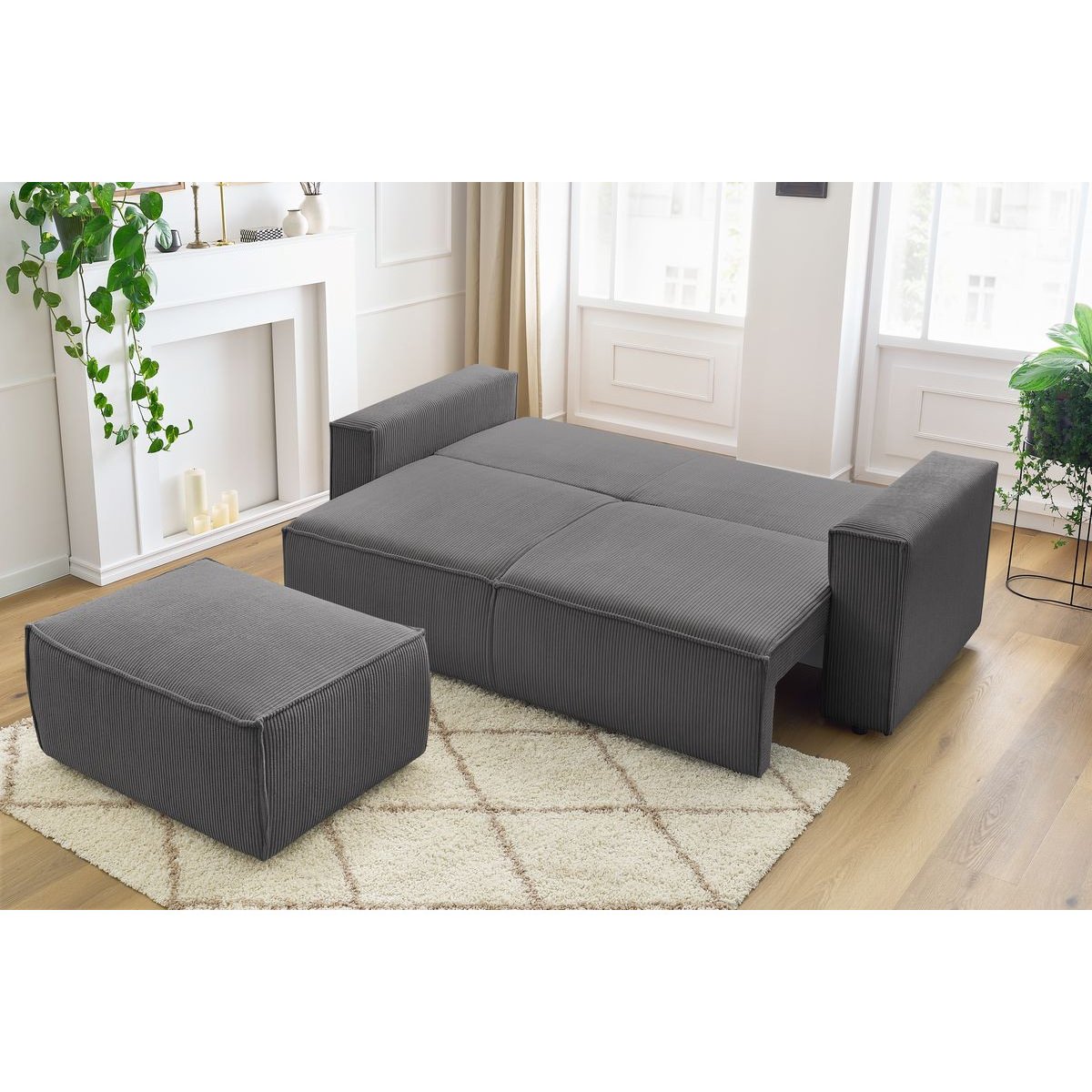 Canapé droit convertible 4 places en velours côtelé avec pouf, NIHAD gris foncé, BOBOCHIC