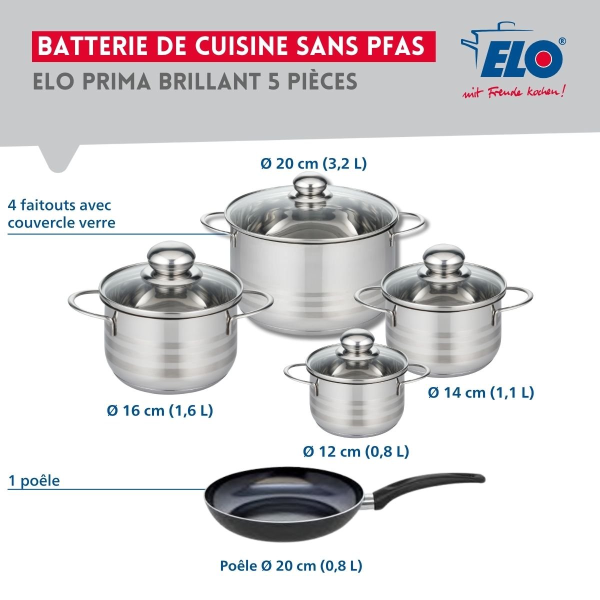 Batterie 1 poêle 20cm + 4 faitouts 12/14/16/20cm PRIMA BRILLANT noir, ELO