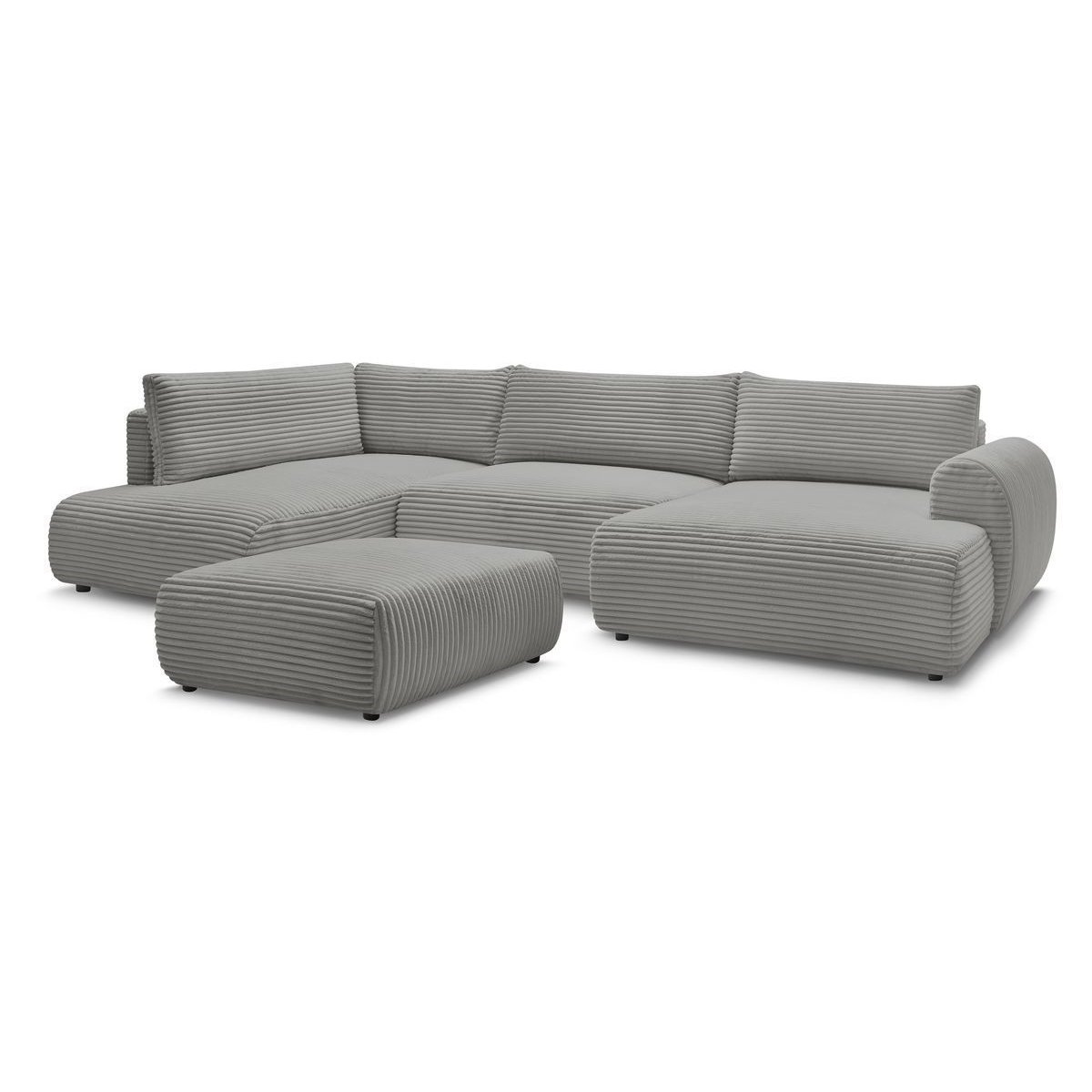Canapé panoramique convertible 6 places en gros côtelé doux avec pouf, LUCIEN gris foncé, BOBOCHIC