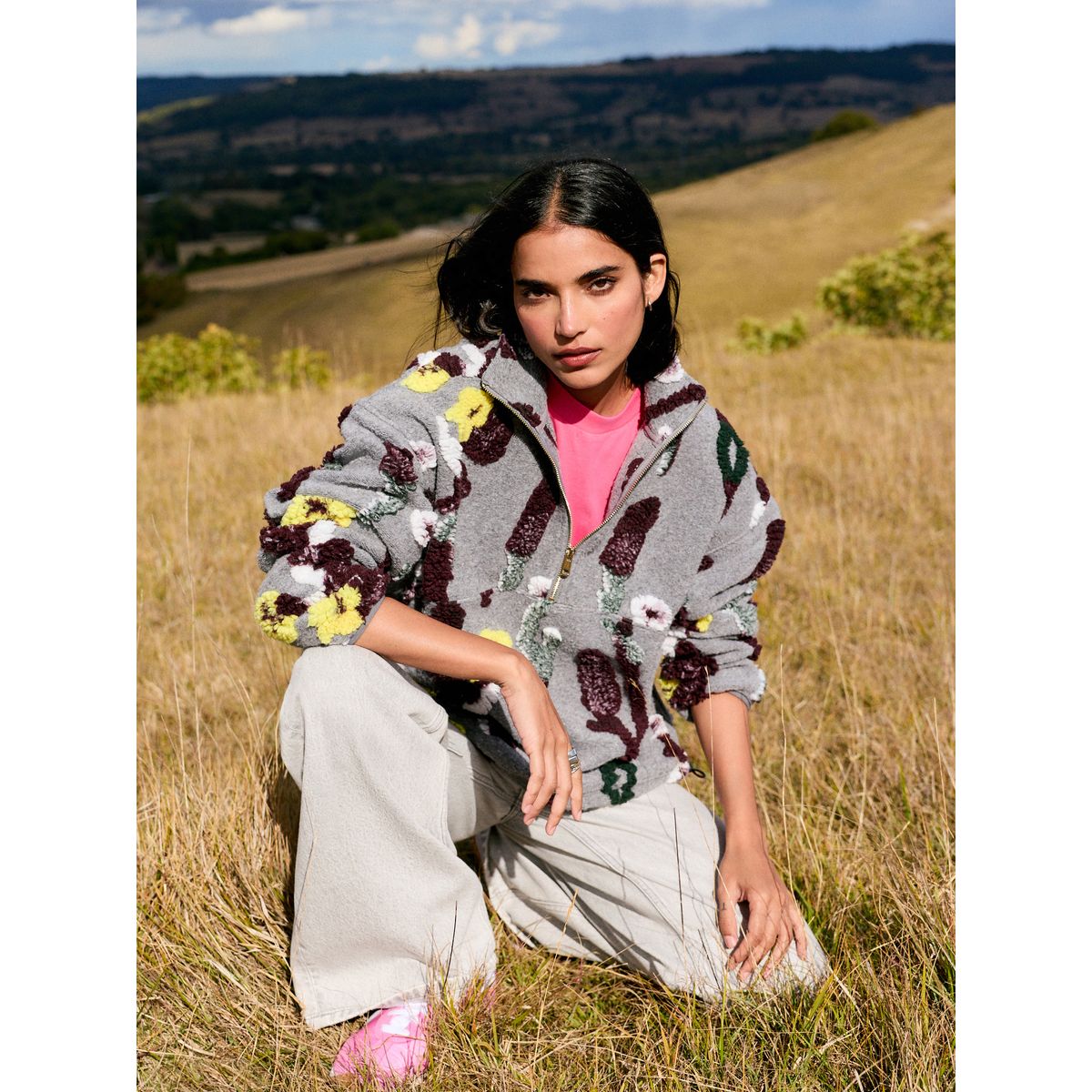 Sweat en polaire à col zippé et fleurs gris, NEXT