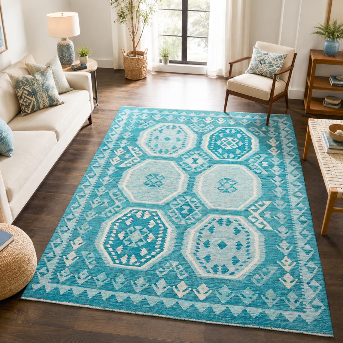 Tapis kilim, motif géométrique authentique, tissage plat en laine bleu, blanc, UN AMOUR DE TAPIS